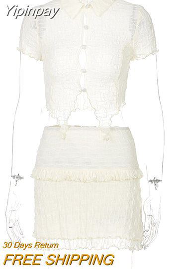 Yipinpay 2 Piece Set Skirt Y2K Women Outfits 2023 Spring Chic Button Turn-down Collar Tops And Mini Skirts Femme Hight Street Suit